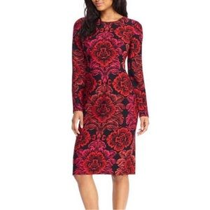 MAGGY LONDON Black & Red Floral Crepe Long Sleeve Sheath Dress NWT Size 8